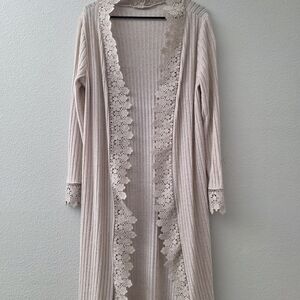 Long Beige Lace Trim Cardigan